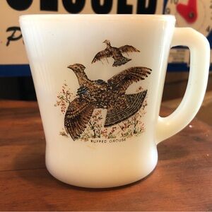 10982 Vintage Fire King Mug Ruffled Grouse Game Birds Oven Ware 3 3/8" Tall